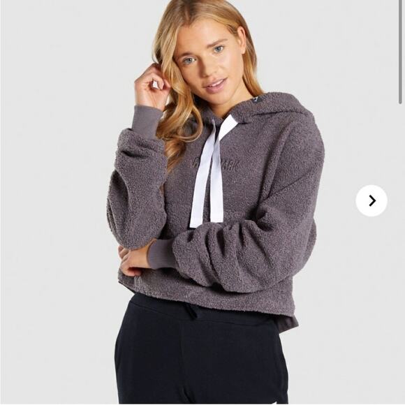 GYMSHARK Borg Cropped Hoodie in Gray Sherpa - Size M - Picture 3 of 7